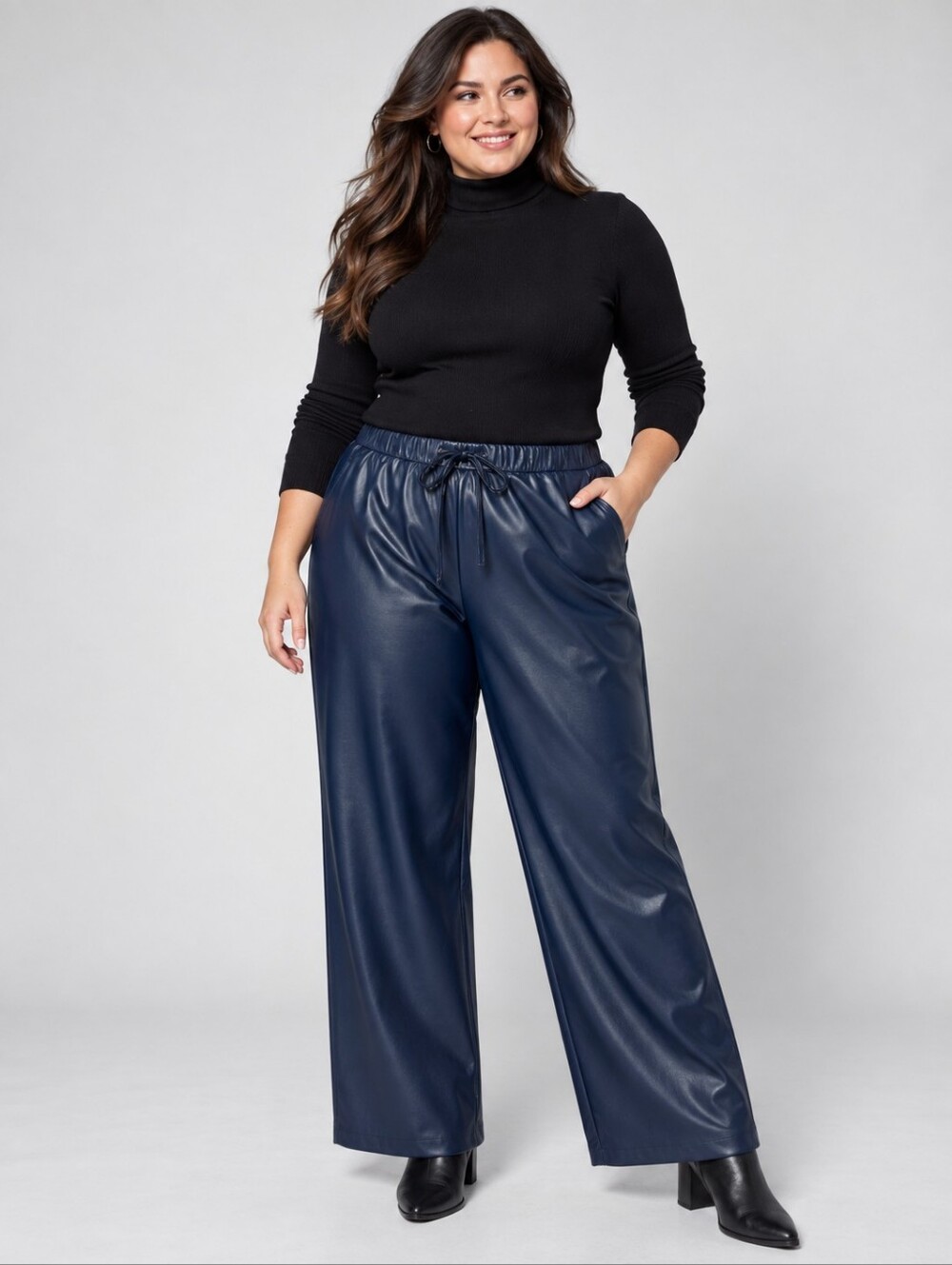 NYDJ Sculpt Her Dark Sapphire Faux Leather Wide Leg Pull On Ankle Pants XL